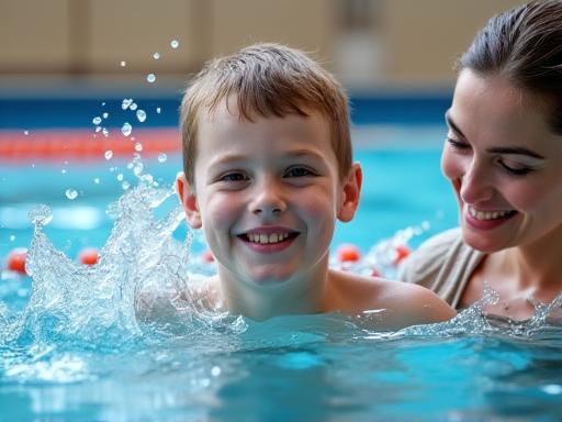 Ein Kind lernt im Schwimmkurs mit einer Schwimmlehrerin, es planscht fröhlich im Wasser, steht für Schwimmkurse.