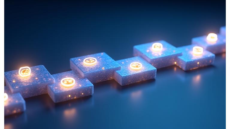 Ein abstraktes, leuchtendes Blockchain-Netzwerk, das vernetzte Transaktionen darstellt und Transparenz symbolisiert.