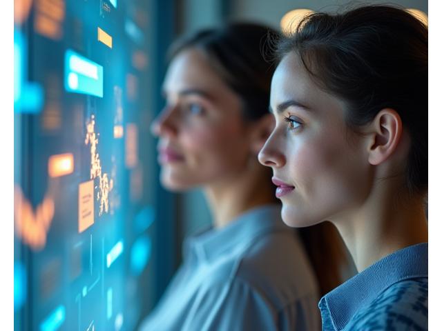 Team von Lichtblick Herzstift bei der Arbeit am Computer, um digitale Projekte zu verbessern, im Hintergrund Bildschirme mit Datenvisualisierungen.