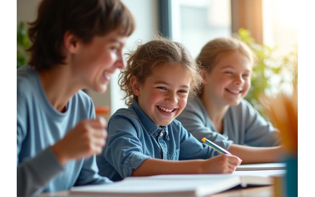 Kind und Mentorin lachen bei der Hausaufgabenhilfe, warmes Tageslicht in einem ruhigen Raum.