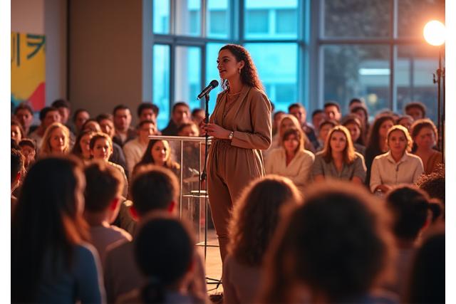Eine junge Frau spricht auf einer kleinen Bühne vor einem diversen Publikum in Berlin bei einem Awareness-Event. Das Bild strahlt Engagement und Aufklärung aus.