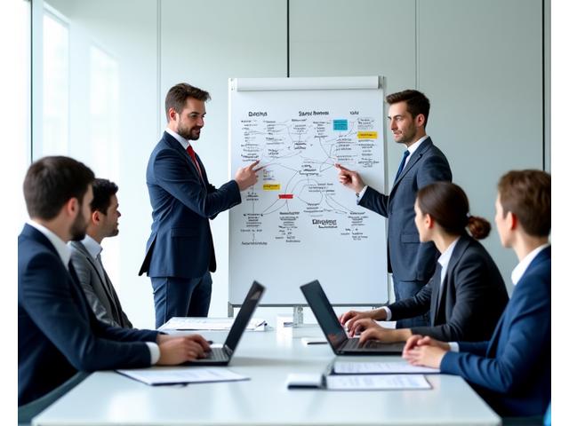 Professionelle Berater in einem modern eingerichteten Büro, die sich mit Notizblöcken und Diagrammen über Strategien für eine Non-Profit-Organisation austauschen.