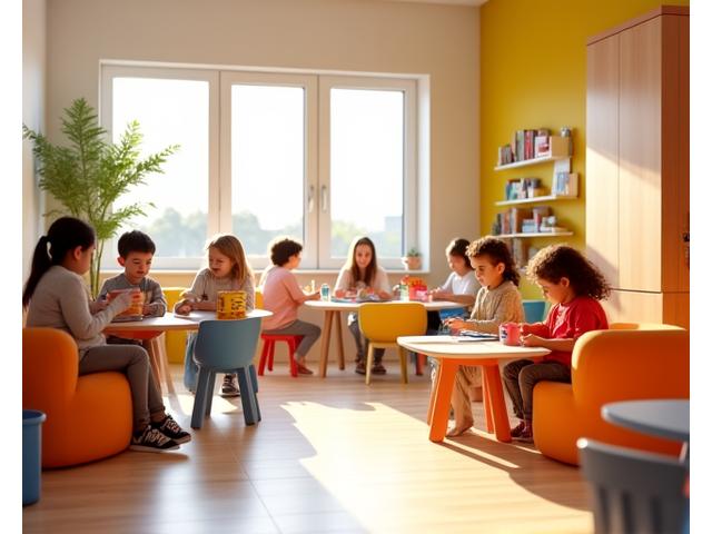 Freudige Kinder spielen in einem frisch renovierten Gemeinschaftsraum, der hell und einladend ist, dank der Renovierung durch eine Immobilienfirma.
