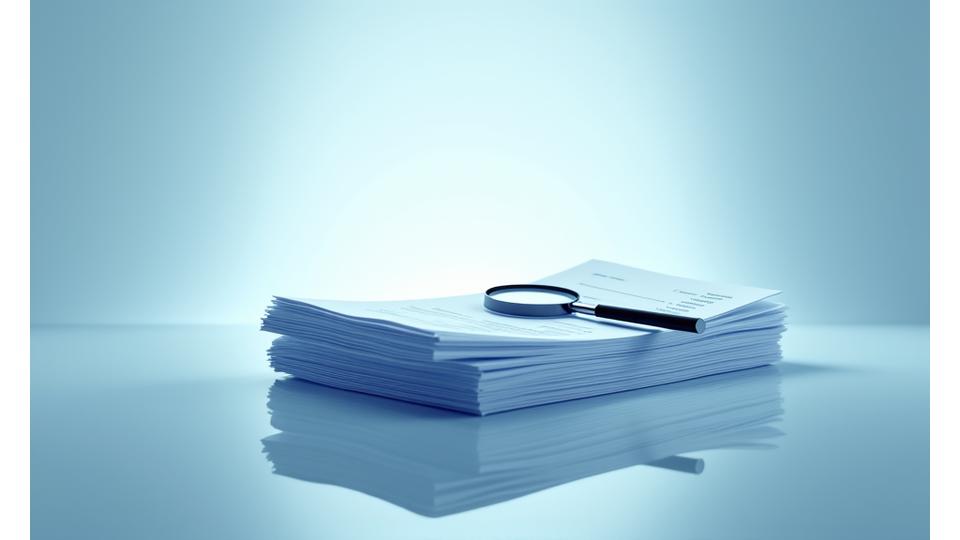 Eine transparente Glasplatte mit aufgelegten Dokumenten und Tabellen, die Offenheit und Klarheit symbolisieren. Sanftes Licht durchdringt die Szene und beleuchtet die Details.