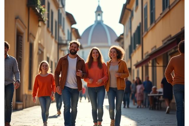 Eine kleine Gruppe lachender Freunde erkundet gemeinsam eine historische Stadt, symbolisiert Gruppenreisen.